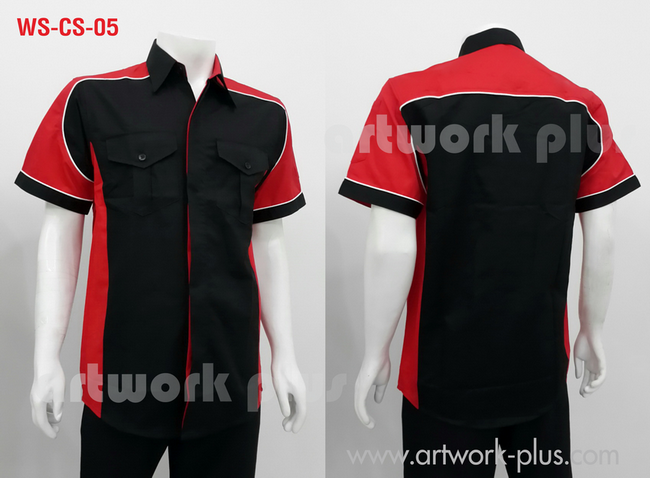WORK SHIRT,WS-CS-05,เสื้อช็อปพนักงาน,เสื้อช็อปสีดำแต่งสีแดงกุ้นขาว